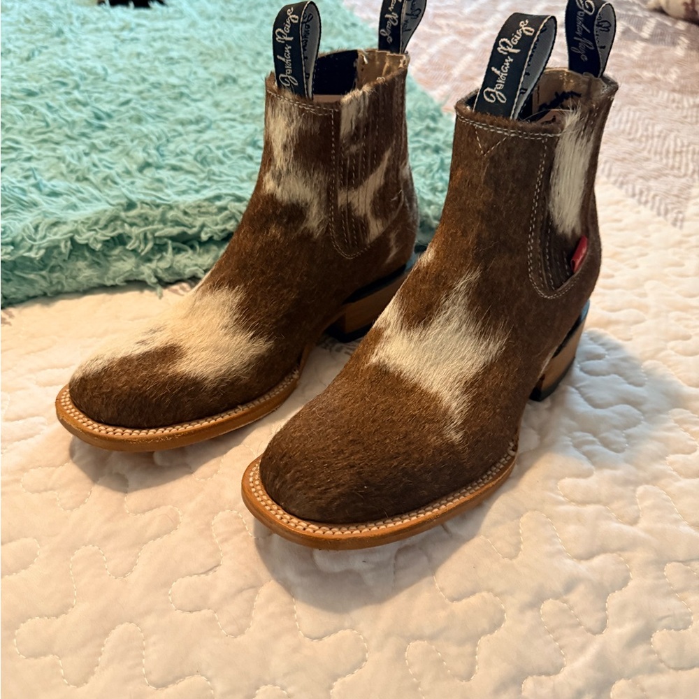 Brown and White Cowhide Ankle Boots